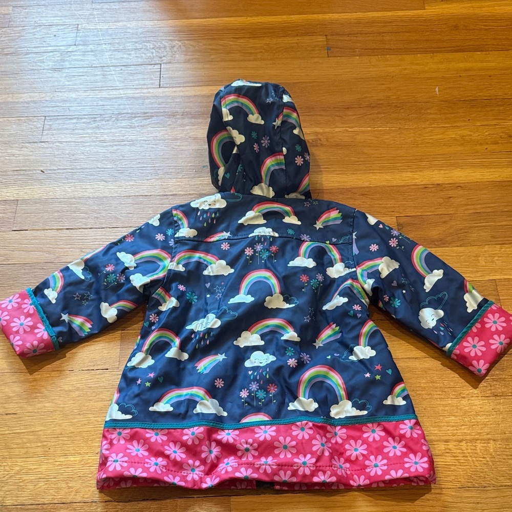 Stephen Joseph Navy Rainbow Hooded Raincoat with Pink Floral Trim - Kids - Picture 2 of 4